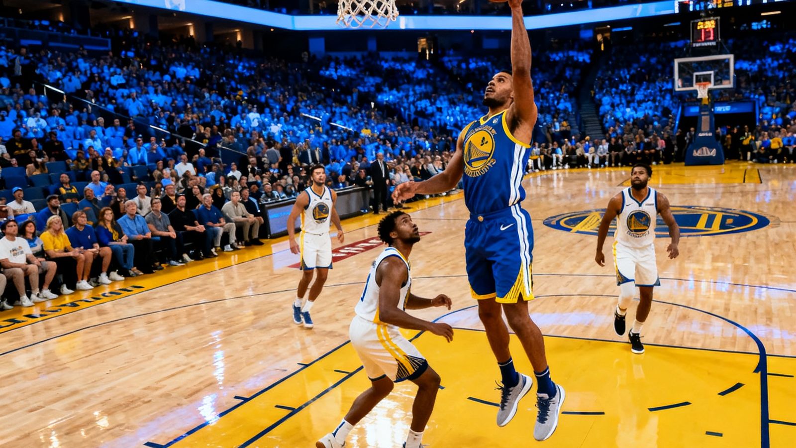 NBA西部决赛关键时刻，球员跃起投篮，篮球即将穿过篮网，全场观众屏息凝神