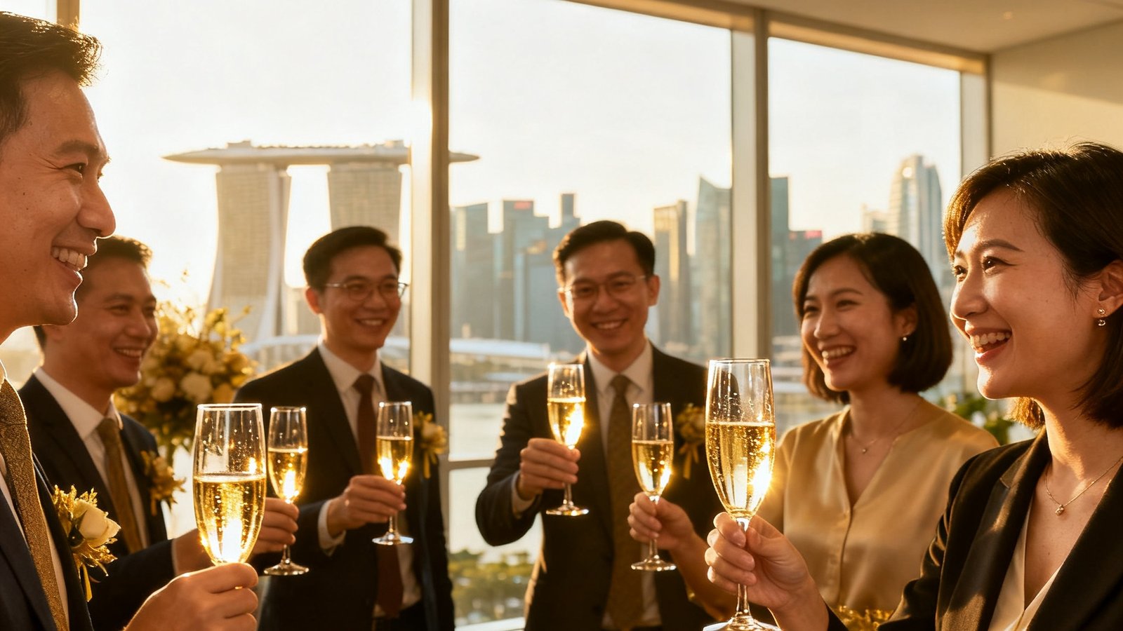 新加坡滨海湾商务区办公室开业典礼现场，团队成员举起香槟庆祝，窗外是城市天际线